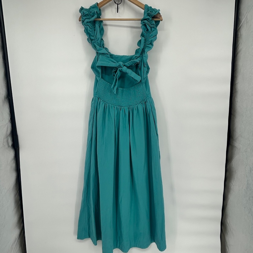 Free People Maxi Dress Ruffle Straps Tie‎ Back Smocked Bodice Pockets Teal - Picture 6 of 10